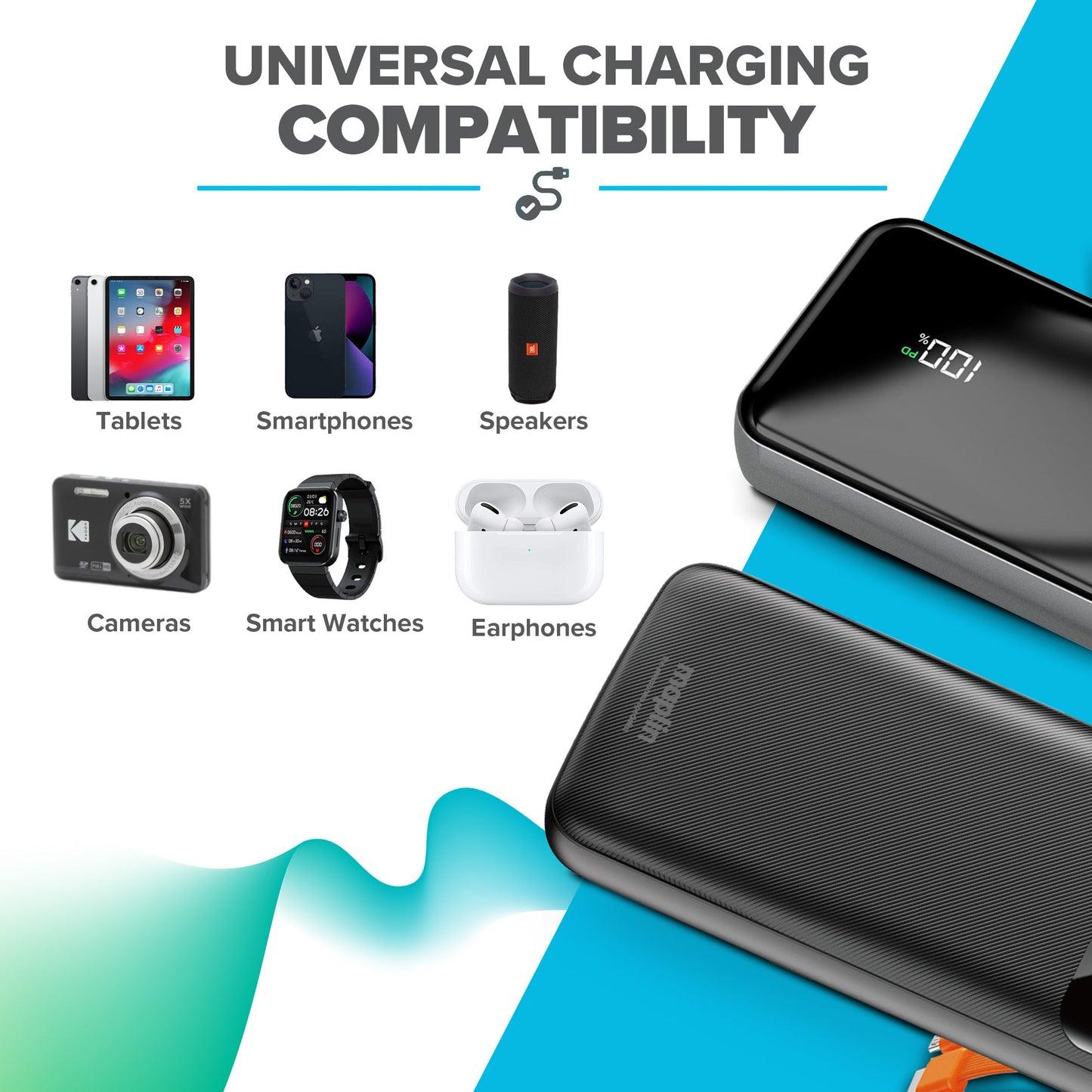 Maplin 20000mAh Portable Power Bank with Integrated USB-C, Micro USB & Lightning Cables