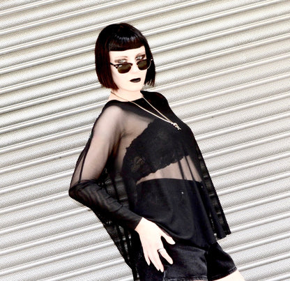 Necessary Evil Circe Gothic Sheer Black Mesh Top - Flowing Layering Piece UK Made