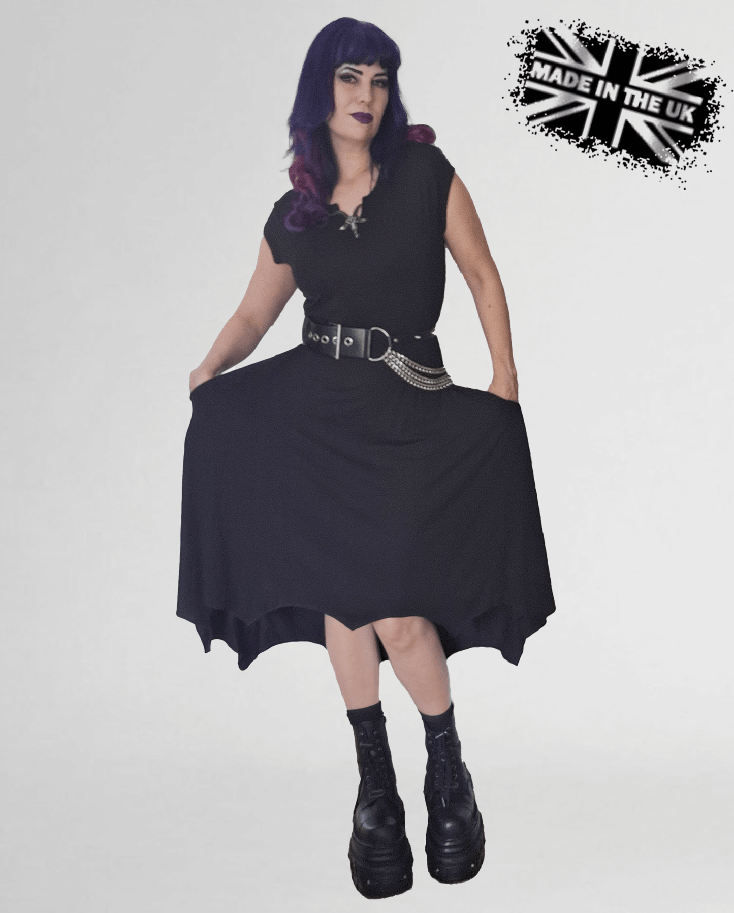 Necessary Evil Evaki Gothic Hi-Low Dress - Bat Wing Hem with Pockets UK Made