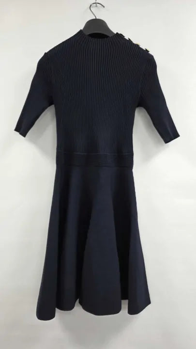 Ted Baker - Navy Lilano Ribbed Knit Button Detail Skater Dress - Navy Size: Uk 8