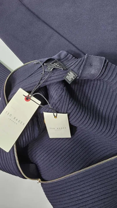Ted Baker - Navy Lilano Ribbed Knit Button Detail Skater Dress - Navy Size: Uk 8