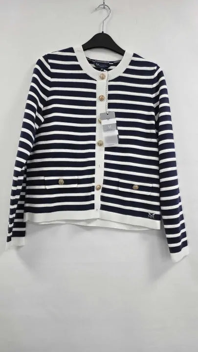 Crew Clothing - Navy Stripe Knitted Classic Jacket - Navy Size: Uk 8