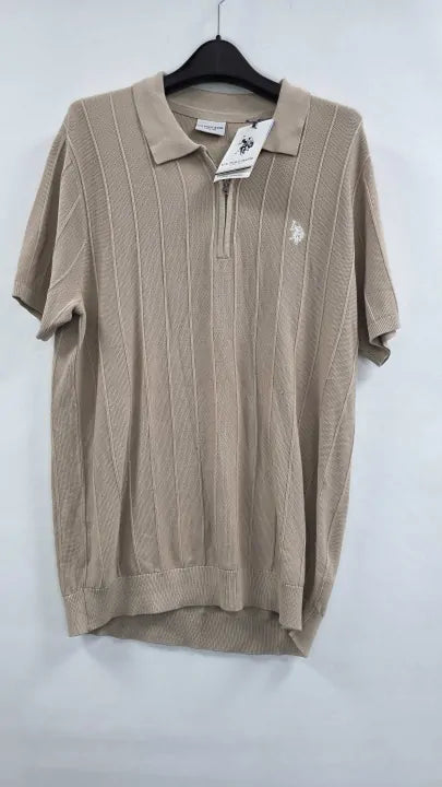 U.s. Polo Assn. - Beige Zip Knit Short Sleeve Polo Shirt - Beige Size: Xl