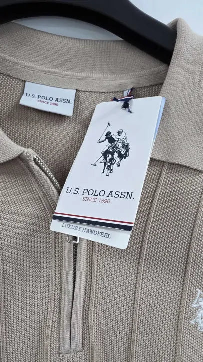 U.s. Polo Assn. - Beige Zip Knit Short Sleeve Polo Shirt - Beige Size: Xl