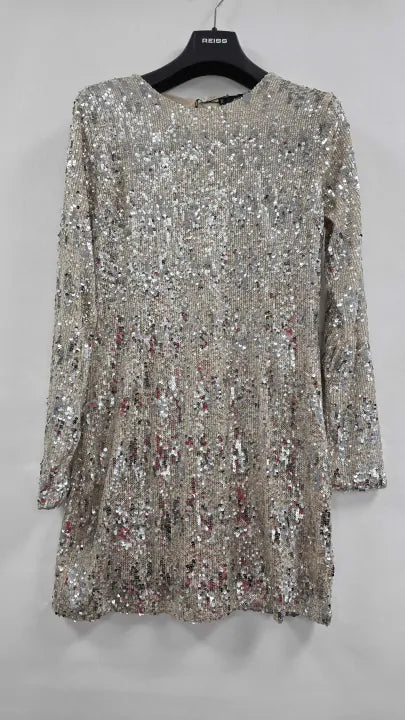 Mango - Silver Sequin Shoulder Pads Dress - Silver Size: Medium