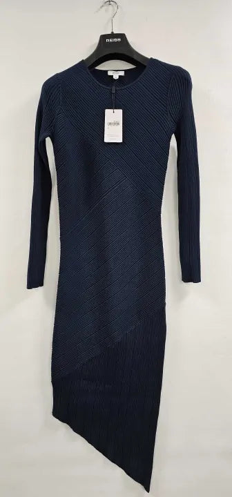 Reiss - Navy Jem Knitted Asymmetric Midi Dress - Teal Size: S