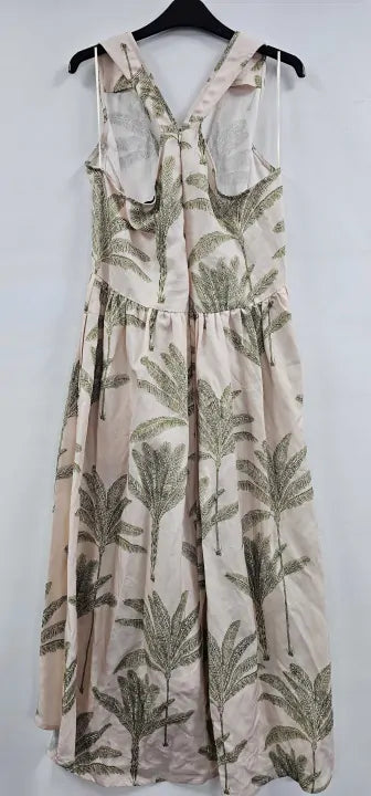 Reiss - Neutral Leaf Print Anna Linen Midi Dress - Beige Green Print Size: Uk12