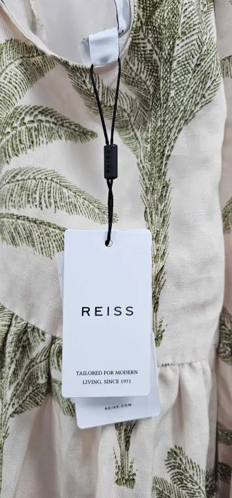 Reiss - Neutral Leaf Print Anna Linen Midi Dress - Beige Green Print Size: Uk12