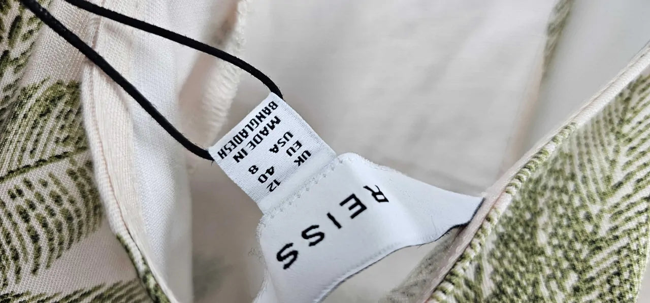 Reiss - Neutral Leaf Print Anna Linen Midi Dress - Beige Green Print Size: Uk12