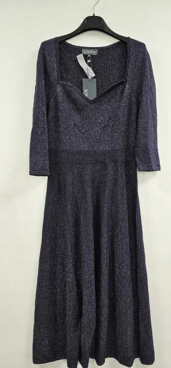 Sosandar - Navy Blue Metallic Sweetheart Neckline Fit Flare Knitted Dress - Blue Size: Uk16