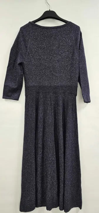 Sosandar - Navy Blue Metallic Sweetheart Neckline Fit Flare Knitted Dress - Blue Size: Uk16