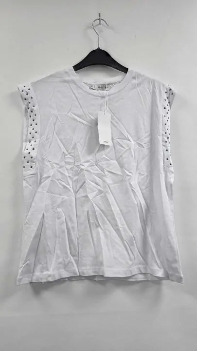 Mango - White Studded Sleeveless Cotton T-shirt - White Size: S