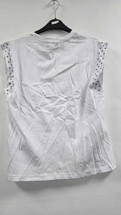 Mango - White Studded Sleeveless Cotton T-shirt - White Size: S