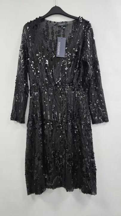 Sosandar - Black Scattered Sequin V Neck Dress - Black Size: Uk 12