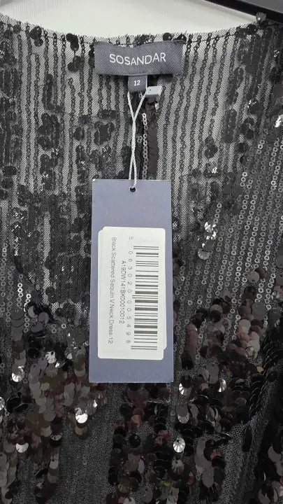 Sosandar - Black Scattered Sequin V Neck Dress - Black Size: Uk 12