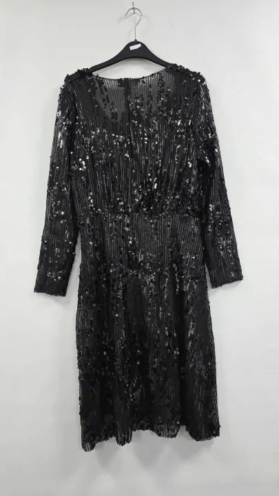 Sosandar - Black Scattered Sequin V Neck Dress - Black Size: Uk 12