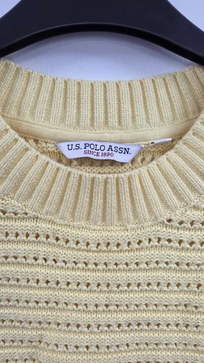 U.s. Polo Assn. Yellow Short Sleeve Open Knit Cotton Jumper Size: M