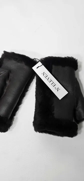 No Eleven - Brown Fingerless Half Fur Mittens - Brown Size:
