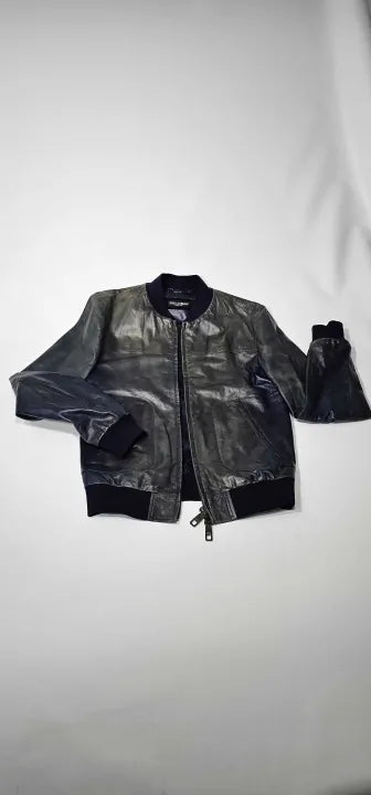 Dolce & Gabbana - Blue Leather Man Biker Full Zip Jacket - Size: M