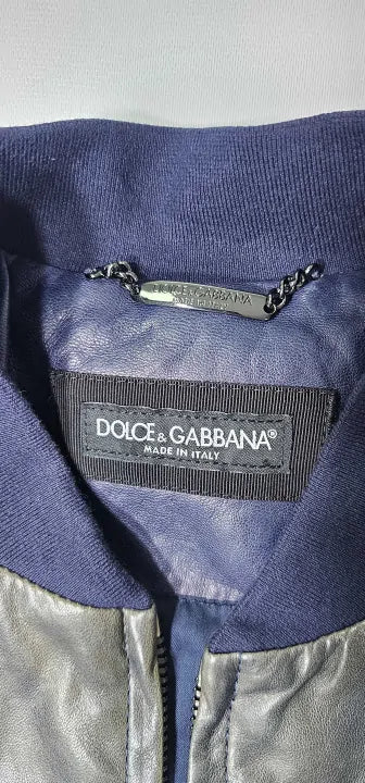 Dolce & Gabbana - Blue Leather Man Biker Full Zip Jacket - Size: M