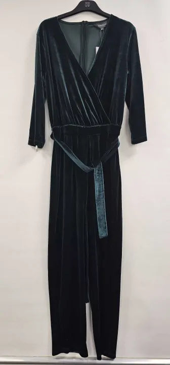 Sosandar - Emerald Green Velvet Zip Detail Wrap Jumpsuit - Green Size: 12S