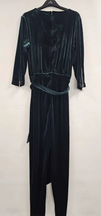 Sosandar - Emerald Green Velvet Zip Detail Wrap Jumpsuit - Green Size: 12S