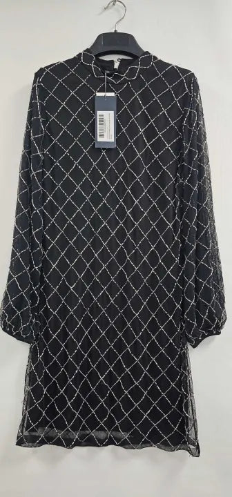 Sosandar - Black Geometric Embellished Belted Shift Dress - Black Size: Uk10