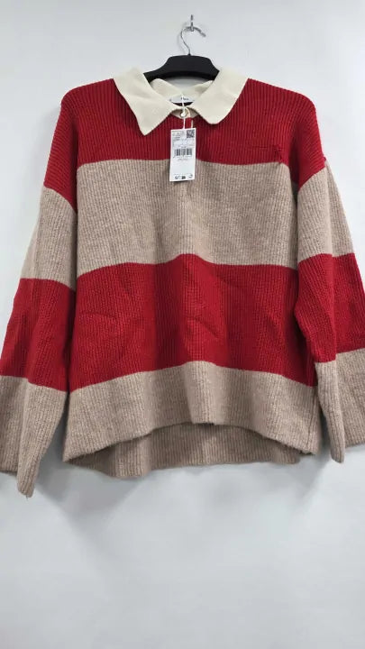 Mango - Camel/red Wool Blend Stripe Polo Jumper - Red Size: L