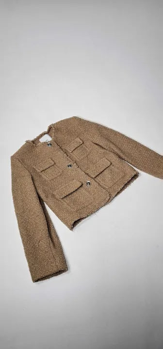 Mango - Brown Wool Blend Pocket Tweed Jacket - Brown Size: Xs