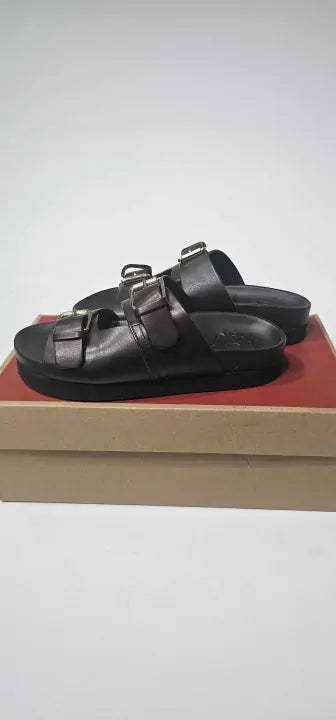 Grenson - Women's Dark Brown Flora Double Buckle Flat Sandal - Brown Size: Uk5