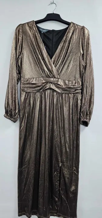 Sosandar - Honey Gold Shimmer Wrap Front Goddess Dress - Gold Size: Uk 14