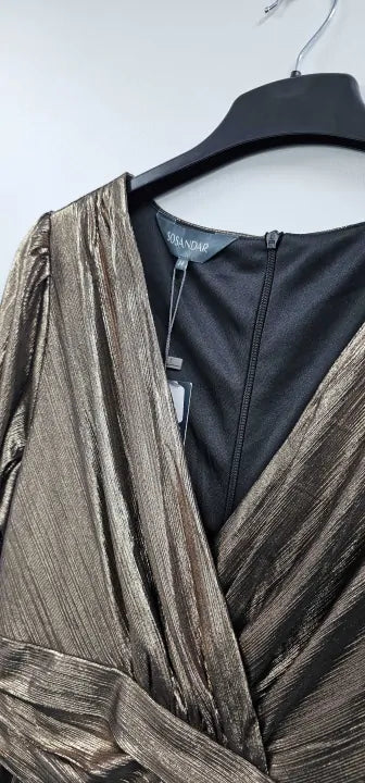 Sosandar - Honey Gold Shimmer Wrap Front Goddess Dress - Gold Size: Uk 14