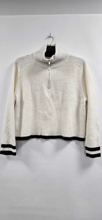 Mango - White Striped Jumper With Zip Size: Xl