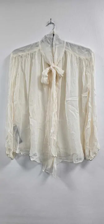 Mango - Beige Blouse With Puffed Sleeves And Bow - Beige Size: S