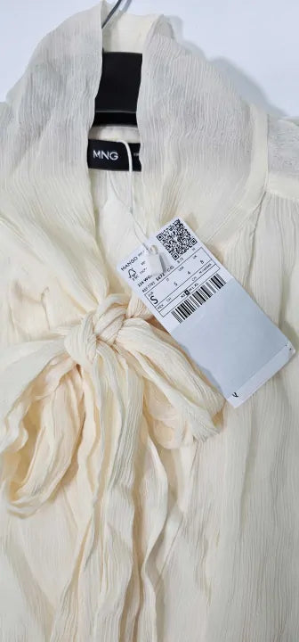 Mango - Beige Blouse With Puffed Sleeves And Bow - Beige Size: S