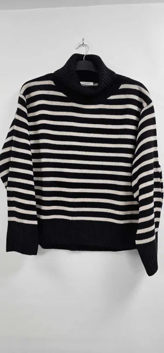 N°· Eleven - Black / New Cream Wool Stripe Roll Neck Jumper - Black Size: Xl