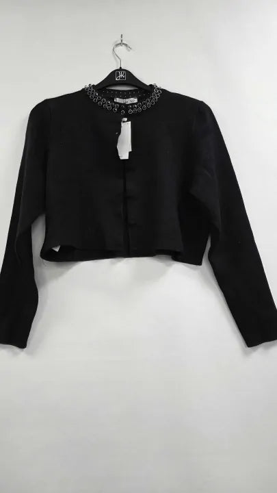 Mango - Black Cardigan With Rhinestone Collar - Black Size: Xl
