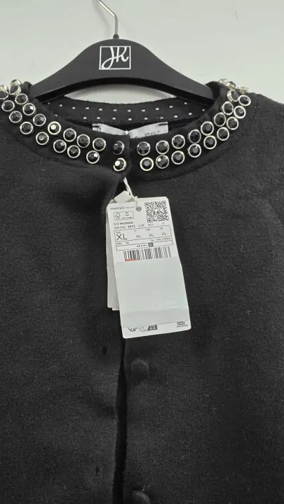 Mango - Black Cardigan With Rhinestone Collar - Black Size: Xl