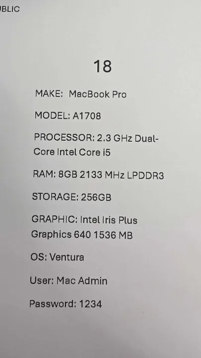 Macbook Pro A1708 Size: -