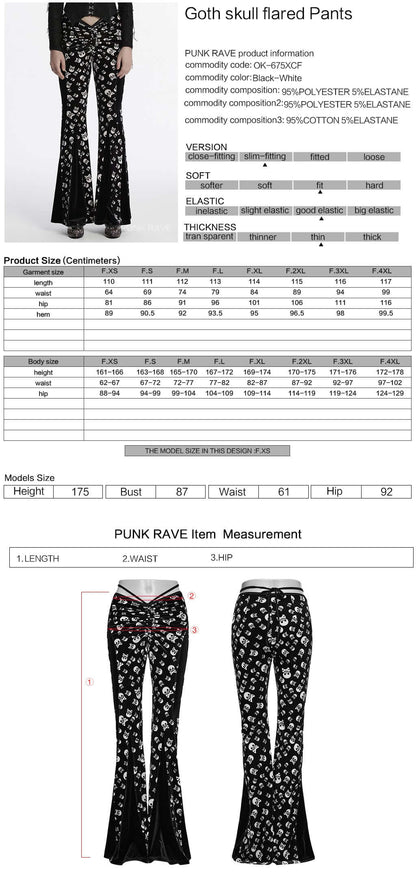 Punk Rave Nulia Spliced Velvet Flared Trousers with Skull Print