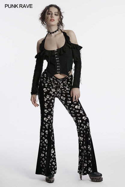 Punk Rave Nulia Spliced Velvet Flared Trousers with Skull Print