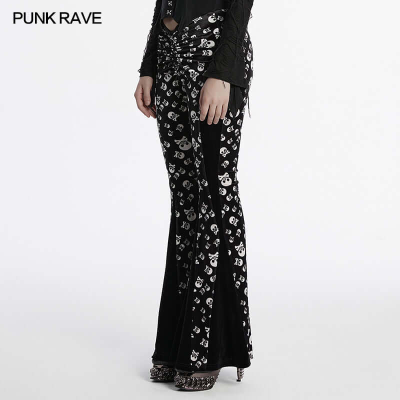 Punk Rave Nulia Spliced Velvet Flared Trousers with Skull Print