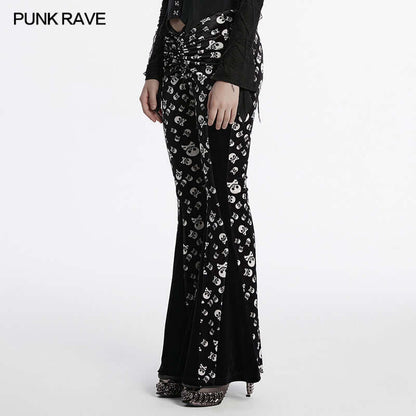 Punk Rave Nulia Spliced Velvet Flared Trousers with Skull Print