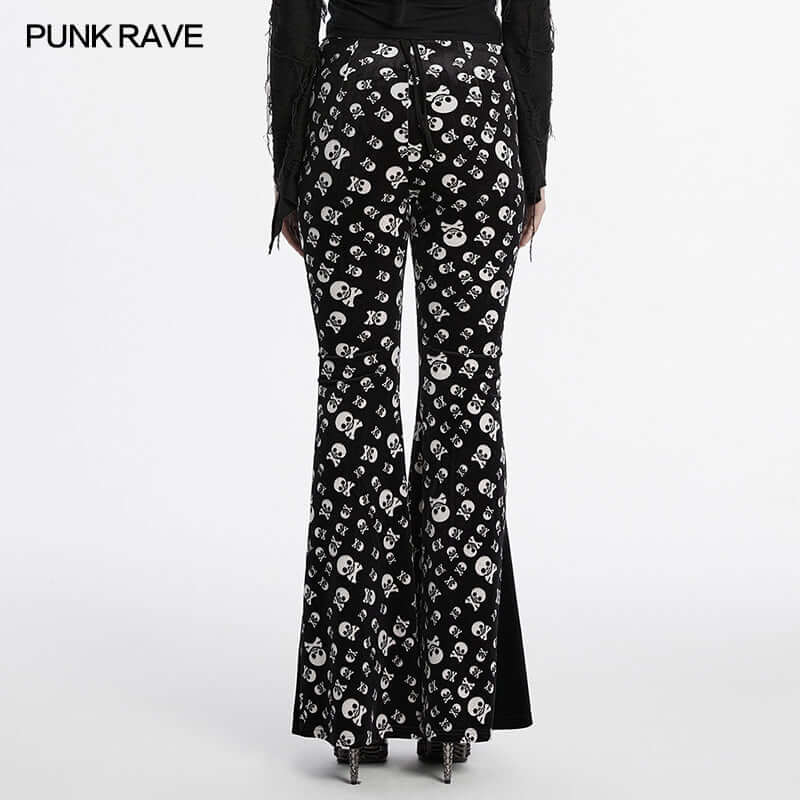 Punk Rave Nulia Spliced Velvet Flared Trousers with Skull Print