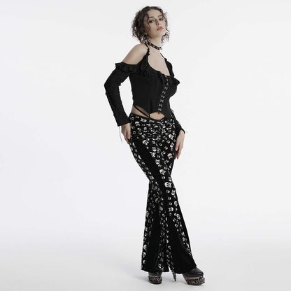 Punk Rave Nulia Spliced Velvet Flared Trousers with Skull Print