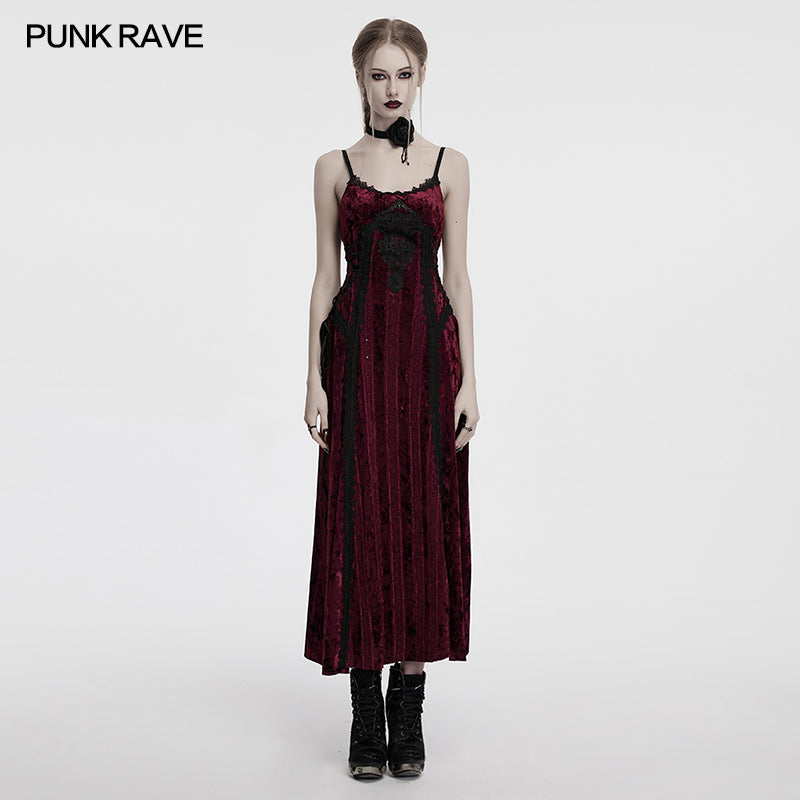 Punk Rave Vivienne Velvet Lace Panel Goth Slip Dress In Burgundy
