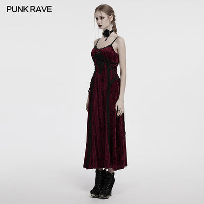 Punk Rave Vivienne Velvet Lace Panel Goth Slip Dress In Burgundy
