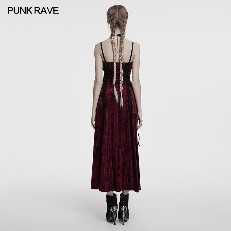 Punk Rave Vivienne Velvet Lace Panel Goth Slip Dress In Burgundy
