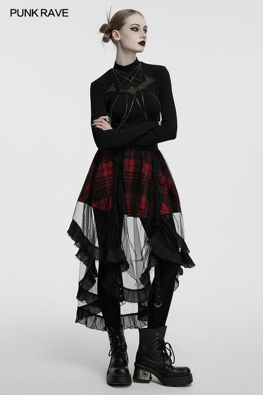 Punk Rave Morrigan Mesh Plaid High-Low Skirt