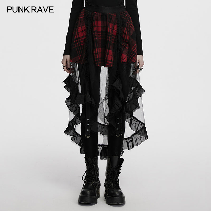 Punk Rave Morrigan Mesh Plaid High-Low Skirt